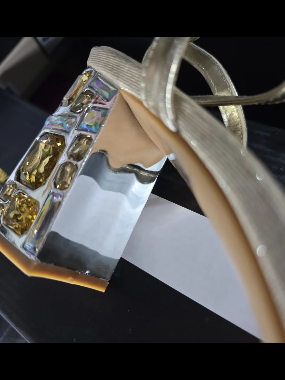 Golden Embellished Block Heel Sandal - Metallic Gold Ankle Strap